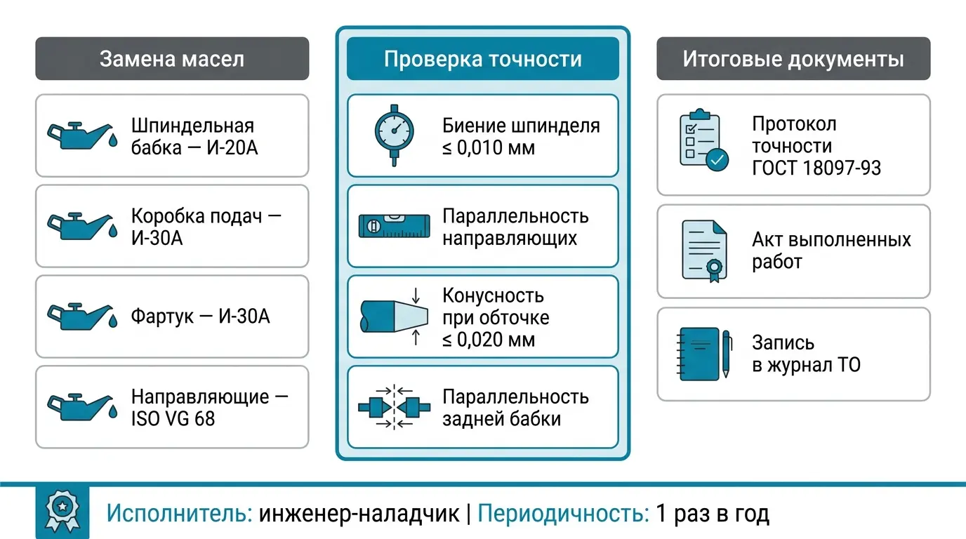 Годовое ТО токарного станка: замена масел, проверка точности, ревизия шпиндельного узла и направляющих Годовое техническое обслуживание токарного станка — замена масел, проверка точности по ГОСТ 18097-93, ревизия узлов