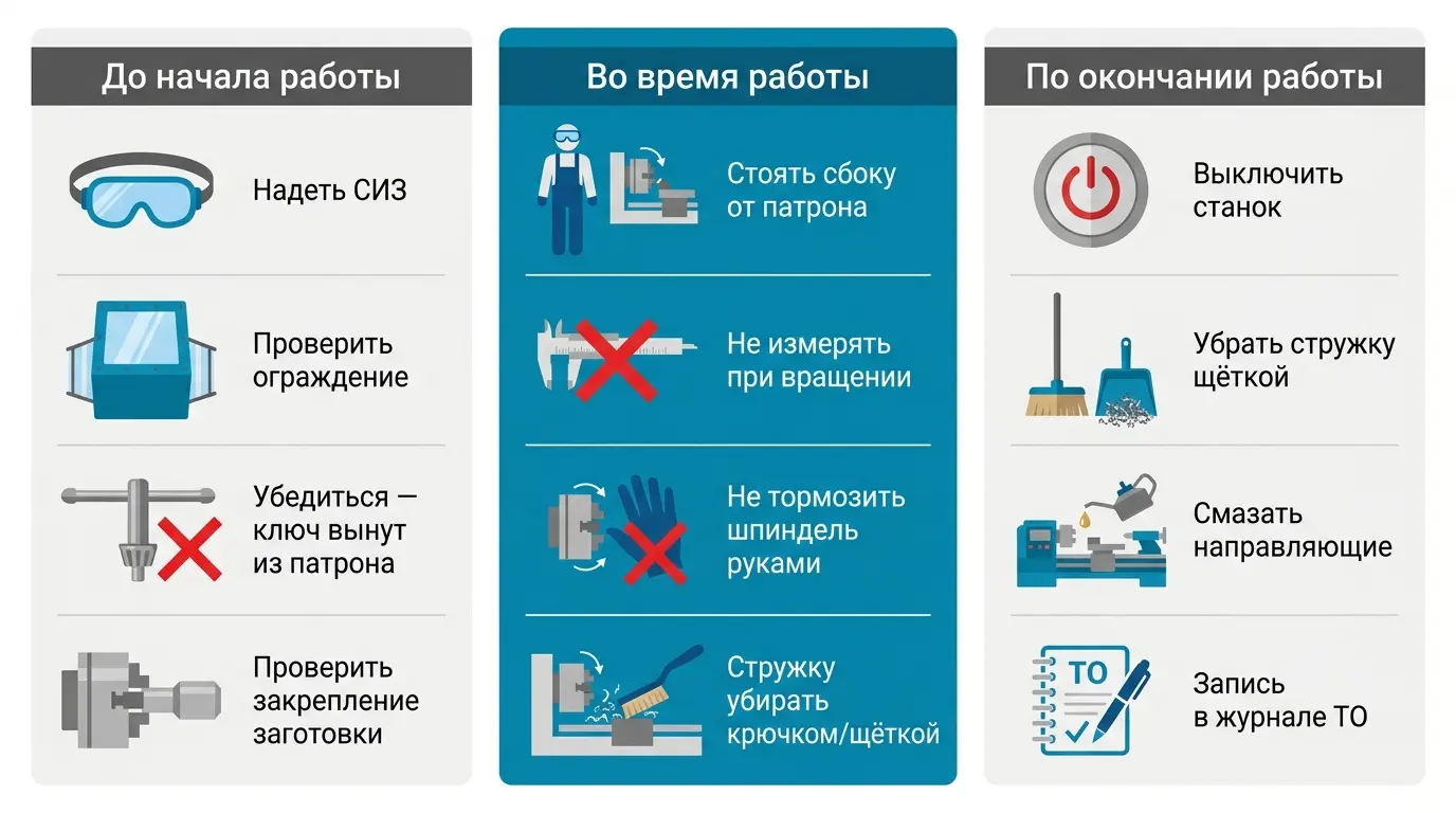Безопасные приёмы работы на токарно-винторезном станке: запуск, закрепление заготовки, уборка стружки Безопасные приёмы работы на токарном станке — правила запуска, закрепление заготовки, уборка стружки