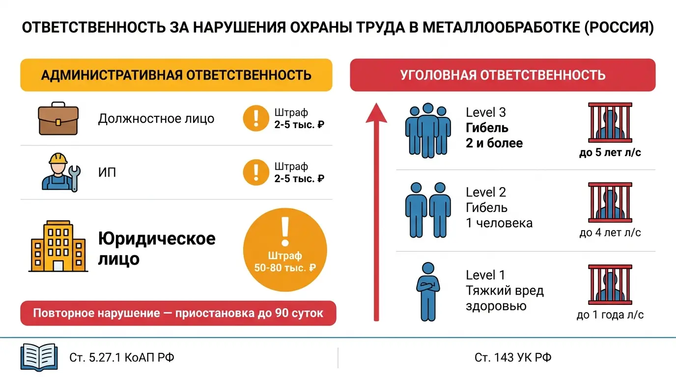 Ответственность за нарушения требований охраны труда при работе на токарном станке: штрафы КоАП, уголовная ответственность Ответственность за нарушения охраны труда на токарном станке — штрафы, КоАП, уголовная ответственность