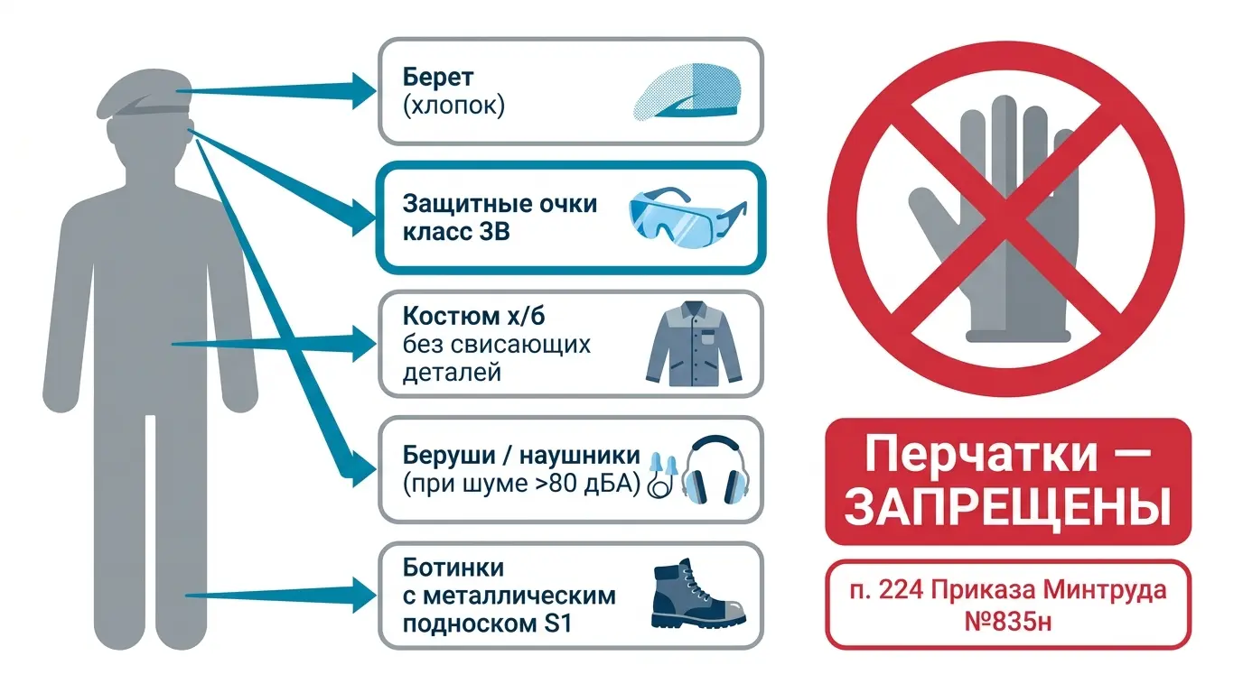 СИЗ при работе на токарном станке: перечень обязательных средств индивидуальной защиты 2026 СИЗ при работе на токарном станке — защитные очки, спецодежда, обувь, перечень обязательных средств защиты