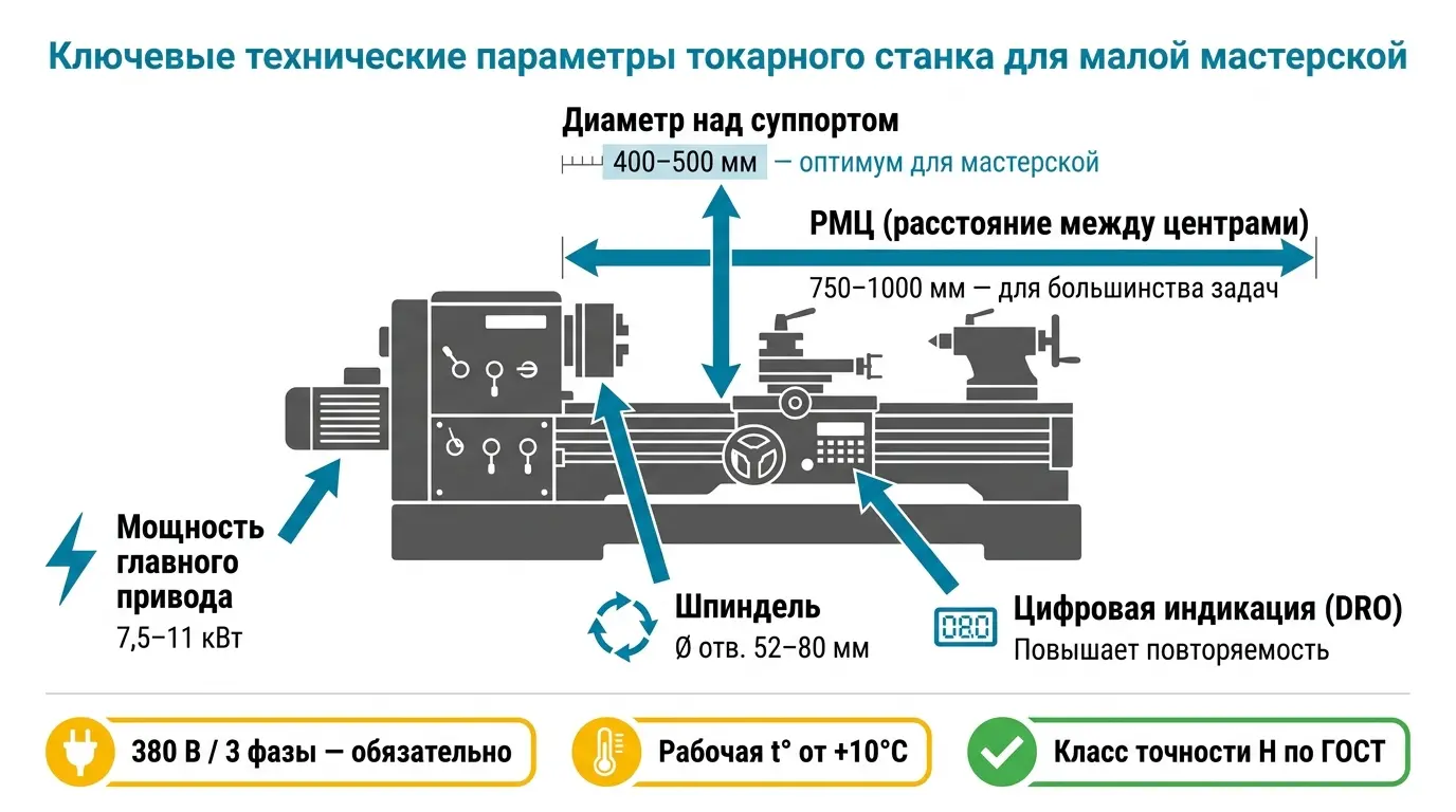 Параметры токарного станка: диаметр обработки, РМЦ, мощность, шпиндель, класс точности Параметры токарно-винторезного станка: диаметр, РМЦ, мощность, класс точности — как выбрать