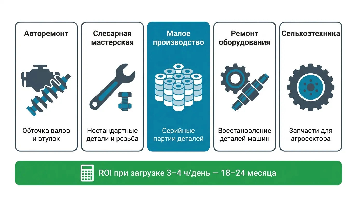 Применение токарного станка в мастерской: авторемонт, изготовление деталей, восстановление Применение токарного станка в малом бизнесе: авторемонт, слесарная мастерская, металлообработка