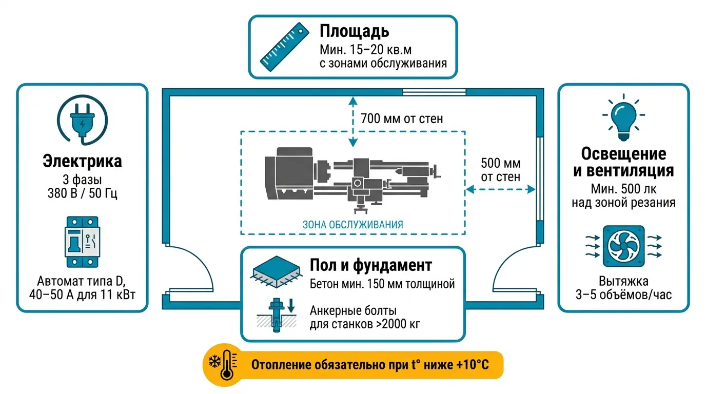 Требования к помещению для установки токарного станка: площадь, фундамент, электрика, освещение Требования к помещению для установки токарного станка: фундамент, электрика, освещение, площадь